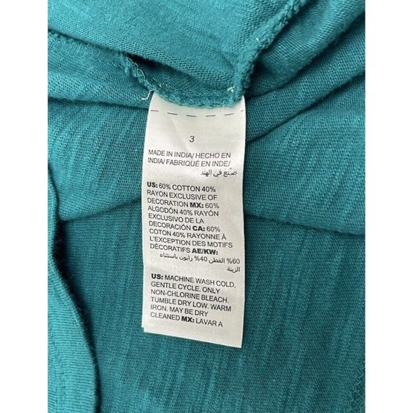 Chicos Size 3 Embroidered Peasant Top 3/4 Sleeve Tunic Asymmetric Hemline Green - Picture 5 of 9